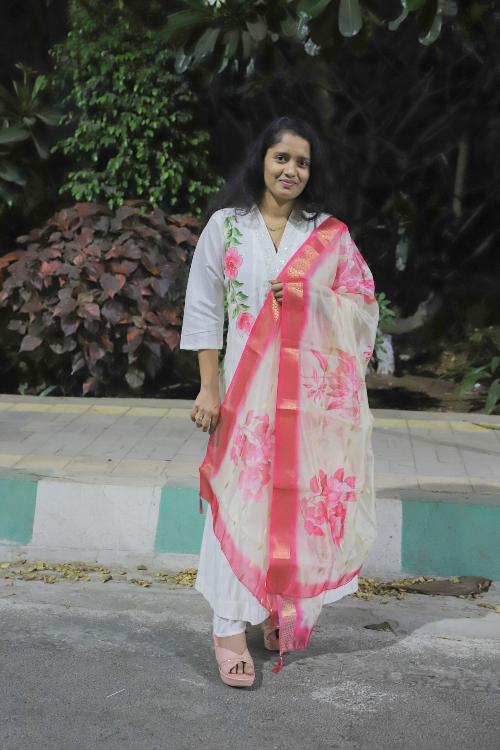 White Brush-Print Umbrella Kurti Set